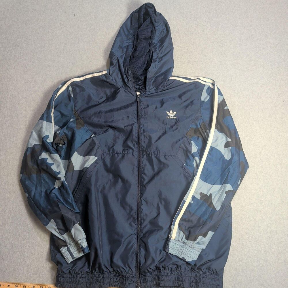 Adidas Jacket Mens XL Blue Camo Hooded Full Zip Originals Windbreaker Lined